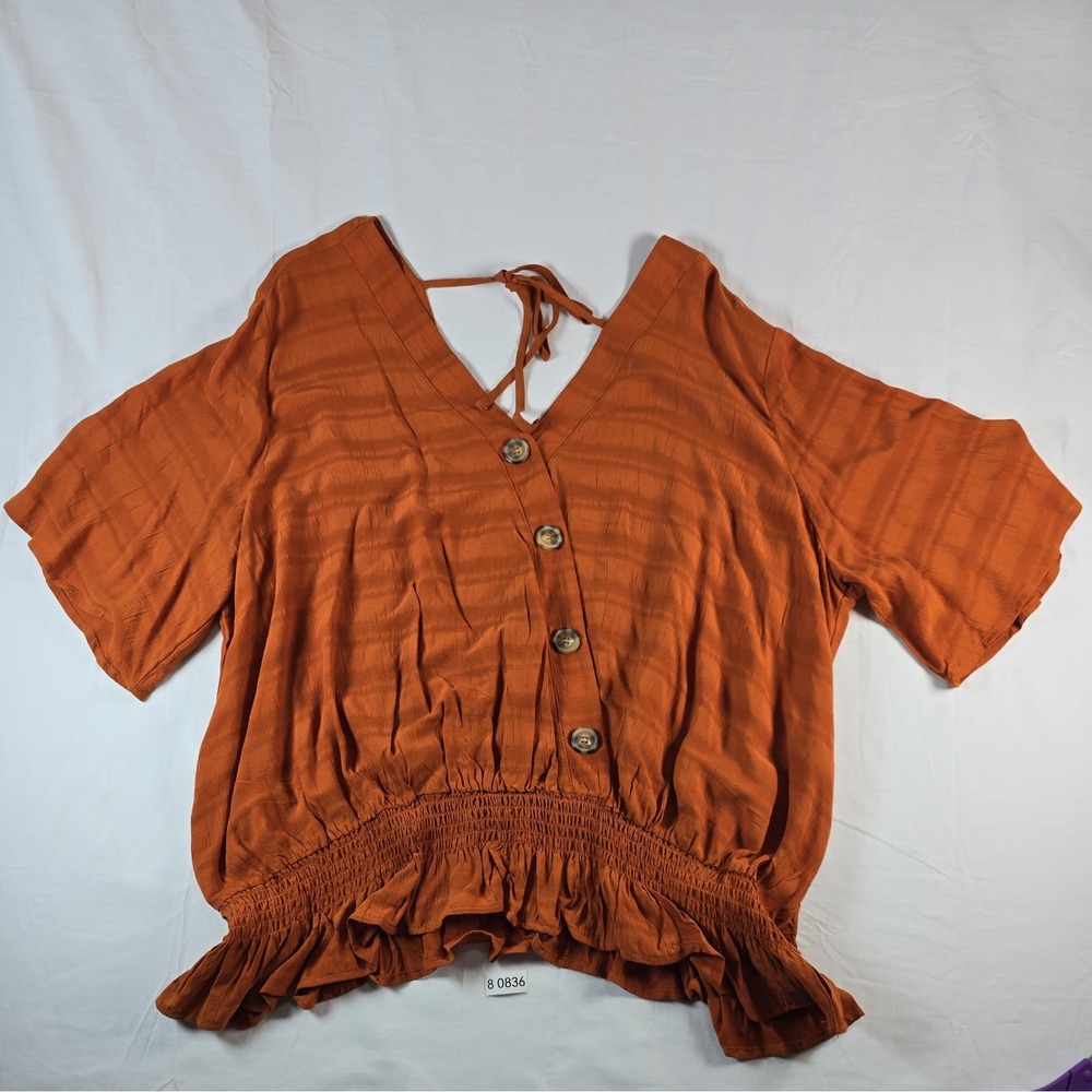 Maurices Womens Top Size 2 Burnt Orange V Neck Short Sleeve Loose Fitting Boho